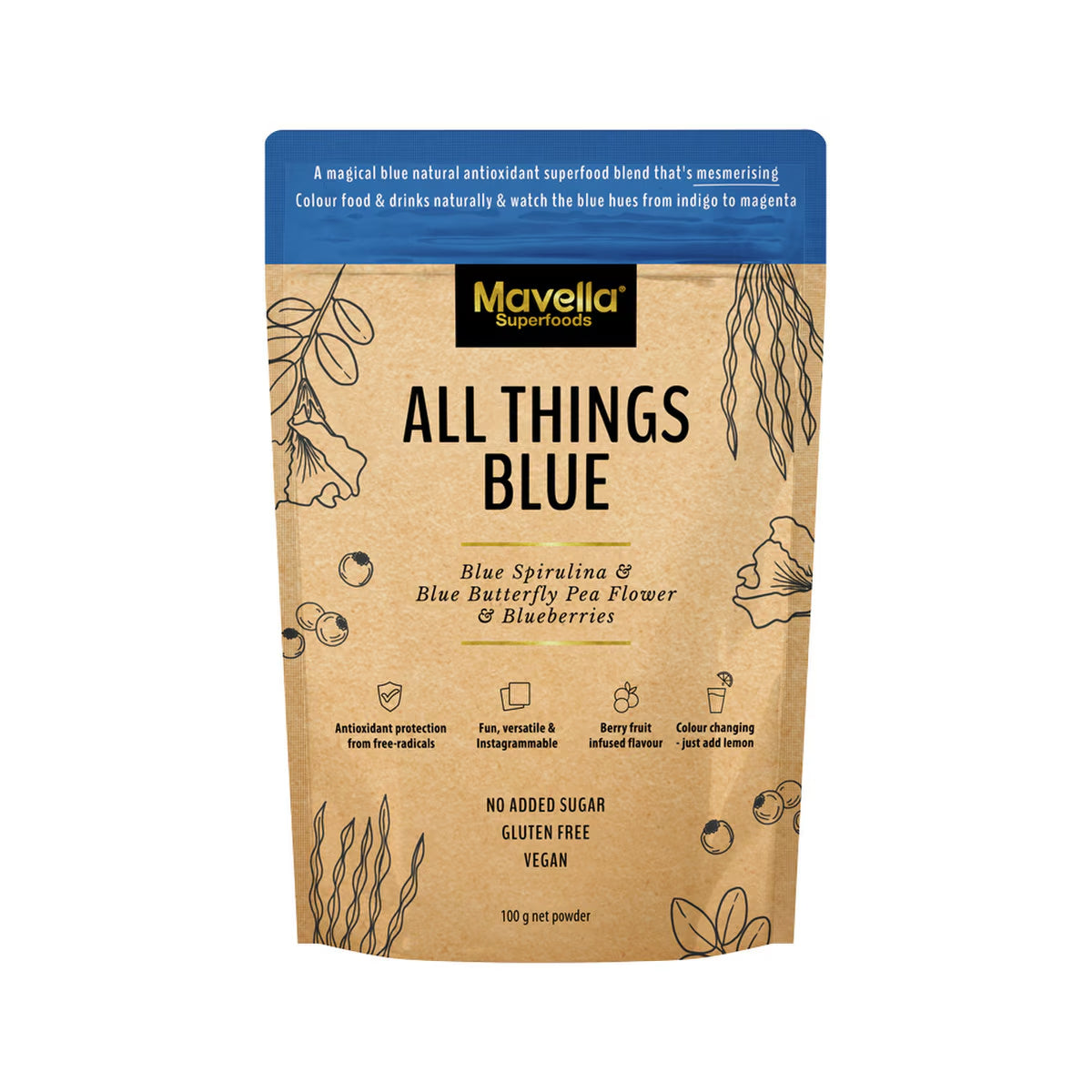 Mavella Superfoods All Things Blue (Blue Spirulina & Blue Butterfly Pea Flower & Blueberries) 100g | Packed in Australia