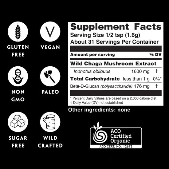 Chaga Mushroom Certified Organic Dual Extract | packaged in Melbourne