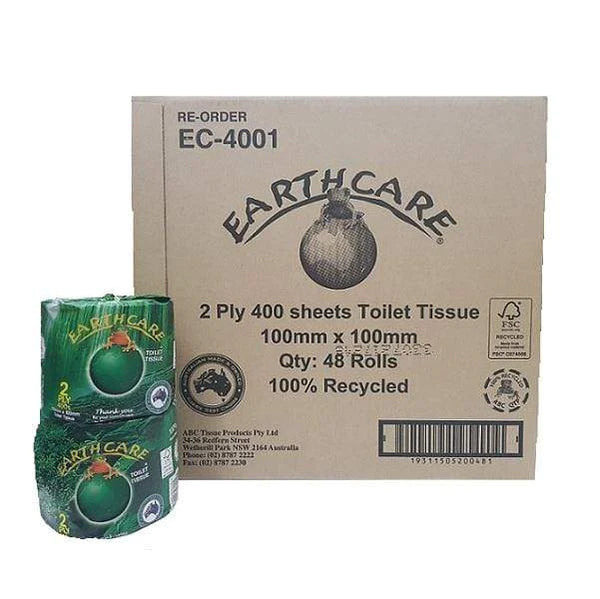 Earthcare Toilet Tissue: 2-ply, 48 Rolls crafted from 100% recycled paper. Embracing eco-friendliness, devoid of plastic, proudly Australian made, and under Australian ownership.