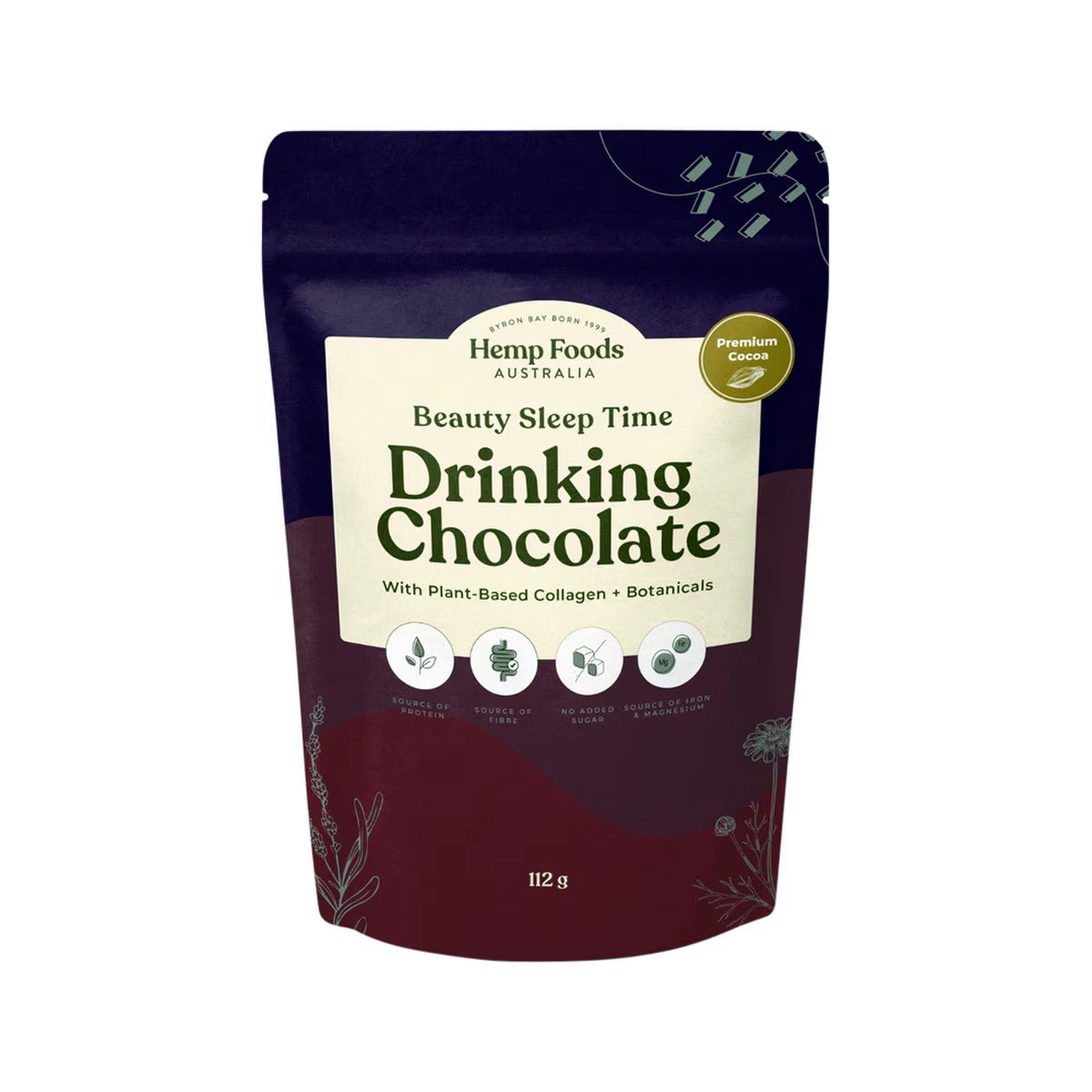 Hemp Foods Australia Drinking Chocolate Beauty Sleep Time With Plant-Based Collagen + Botanicals 112g | Packed in Australia