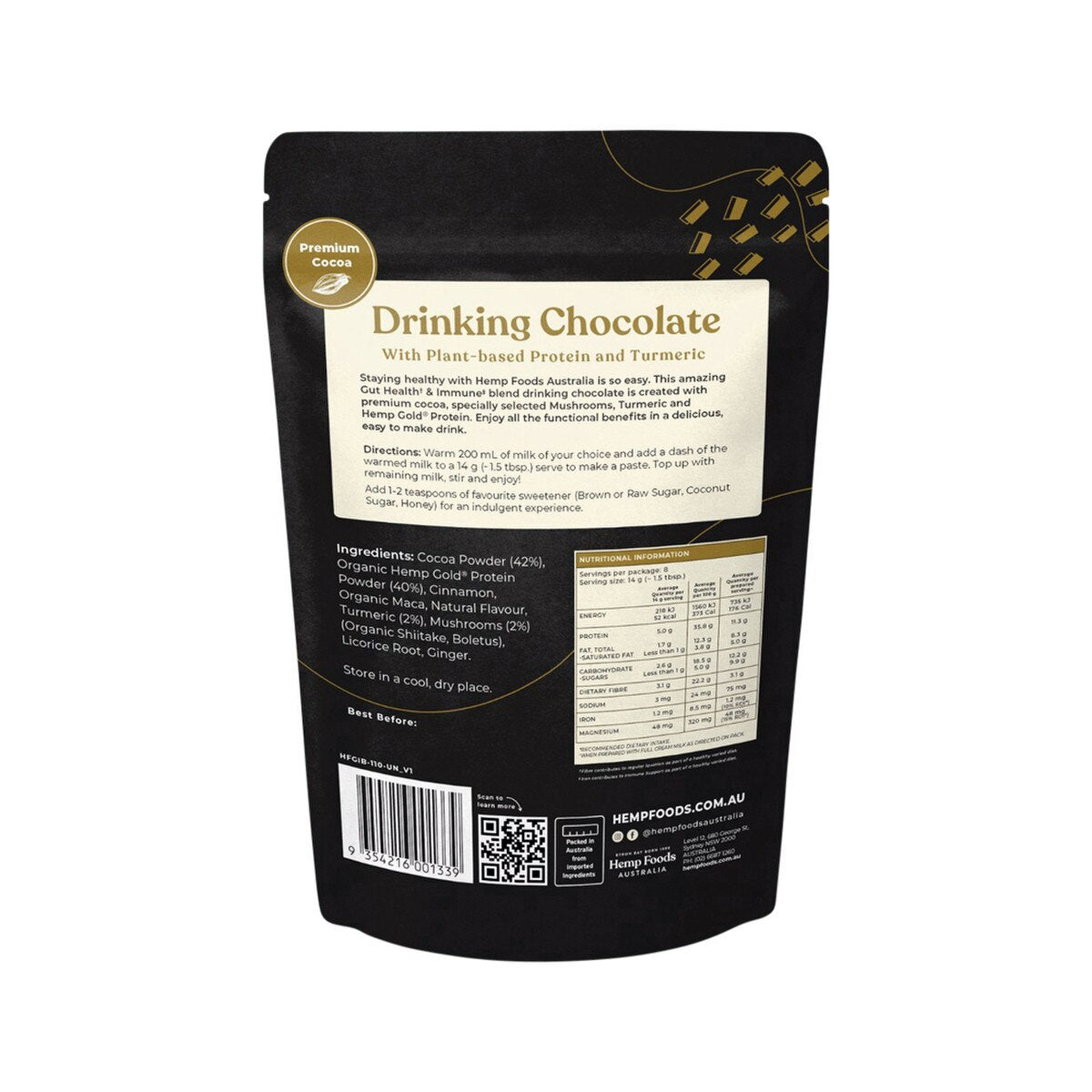 Hemp Foods Australia Drinking Chocolate Gut Health + Immune With Plant-Based Protein + Turmeric 112g | Packed in Australia