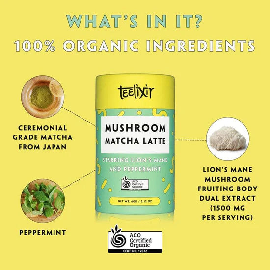 Teelixir Organic Mushroom Matcha Latte (Starring Lion's Mane and Peppermint) 100g | made in Australia