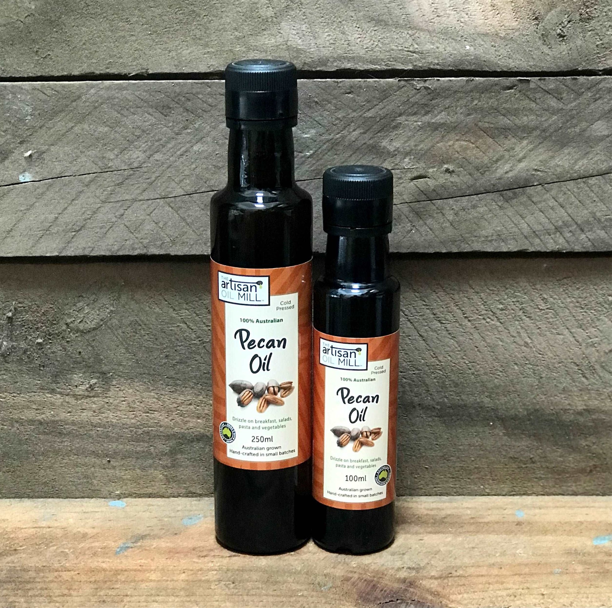 The Artisan Oil Mill Pecan Oil is made by cold pressing Australian grown pecans. The 300 year old artisan extraction method produces a strong nutty flavour and top nutritional qualities which you can enjoy over meals or as a body oil